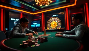 Engage in SBOBET betting at a luxurious casino scene with poker chips and roulette.