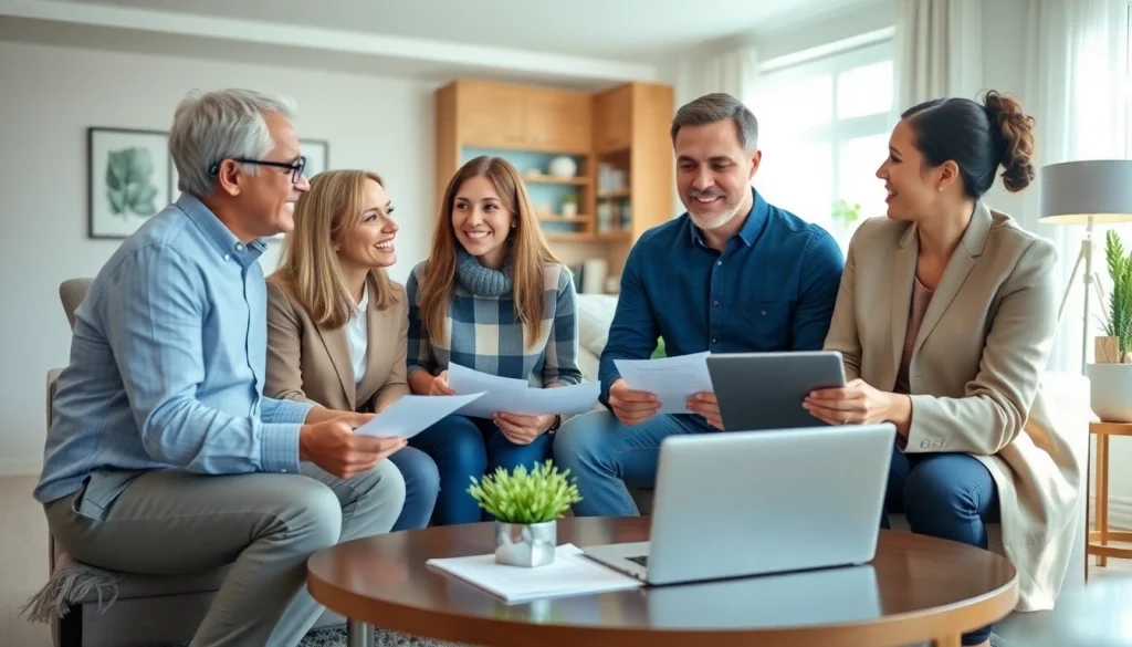 Engaged family discussing warranty protection for cars and homes in a modern setting.