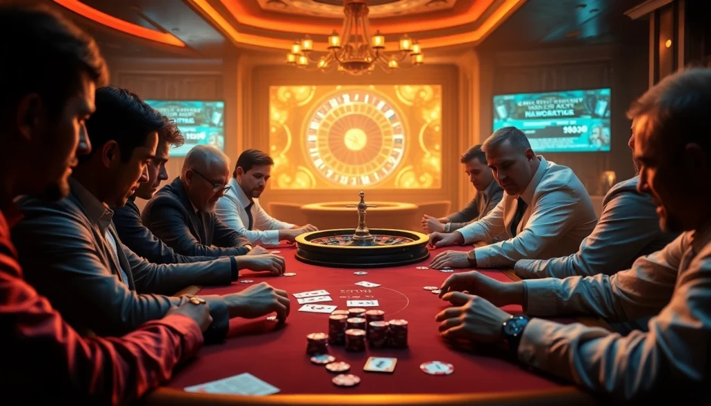 A group of serious players at a poker table strategizing, reflecting on the dark web scam list implications in a luxury casino.