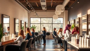 Stylish interior of hair salons san diego showcasing professional hairstylists and vibrant hair color services.