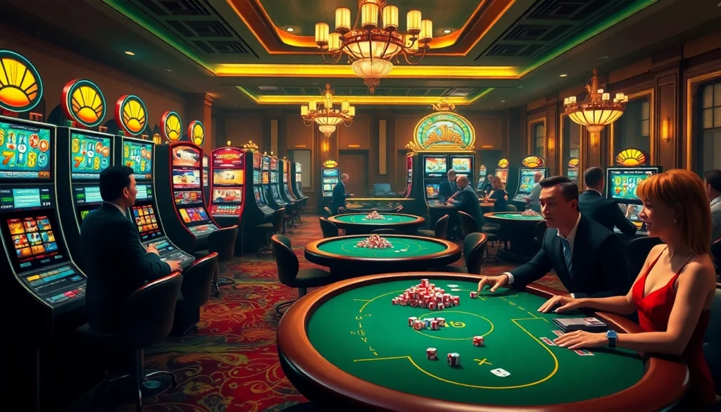 Engaging gamblers at IDNslot with vibrant slot machines and professional tables in a luxurious casino setting.