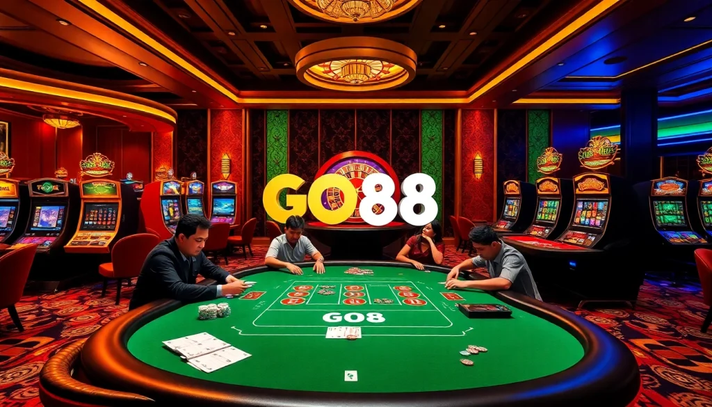 Players strategizing at a GO88 poker table surrounded by thrilling gambling elements.