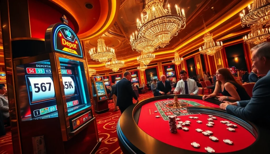Players enjoying the excitement of depo 5k at a luxurious casino slot machine and roulette table.