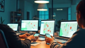 Onlyfans search with location filter displayed on digital devices in a modern workspace.