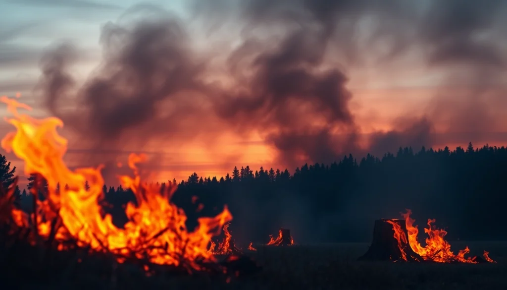Witness the intensity of wildfire events with raging flames and smoke in a forest setting.