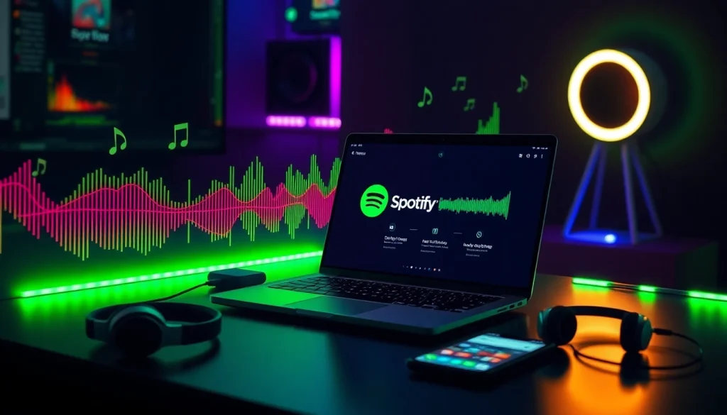 Dynamic workspace featuring Spotify mod interface on a laptop with colorful sound waves and musical notes.