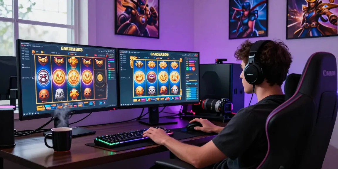 Player enjoying garuda303 online slots in a vibrant gaming setup with modern accessories.